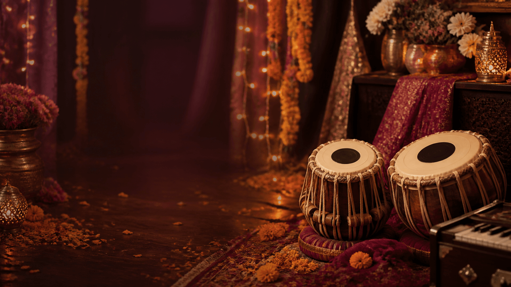 Tabla, flowers, and warm lights prepared for the Sangeet